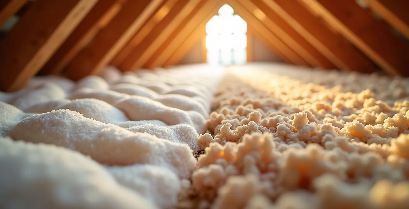 Close-up comparison of spray foam and cellulose insulation in Quebec attic space