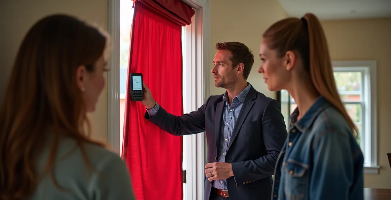 Energy advisor conducting blower door test with fan installed in doorway of Canadian home