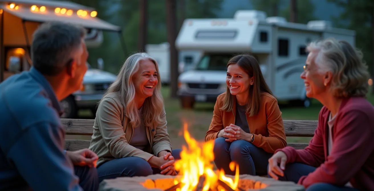 Seasonal campers gathering around communal fire pit at Canadian campground