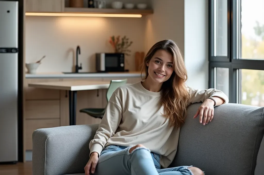 Modern minimalist interior of a compact Montreal condo with space-saving furniture