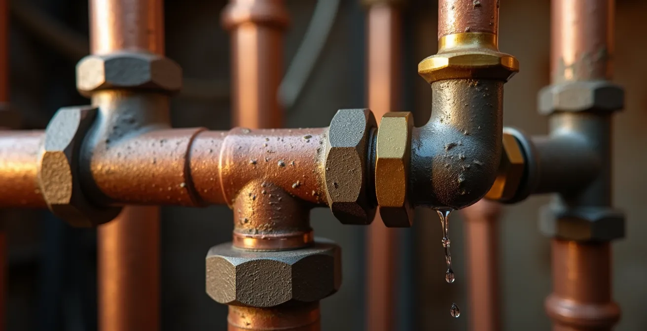 Interior view of cottage plumbing system being prepared for winter