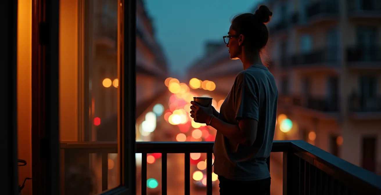 Evening scene showing contrast between quiet residential street and distant festival lights