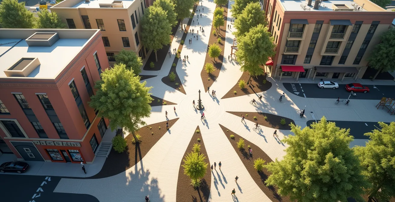 Aerial view of modern lifestyle center with pedestrian plaza and mixed-use buildings