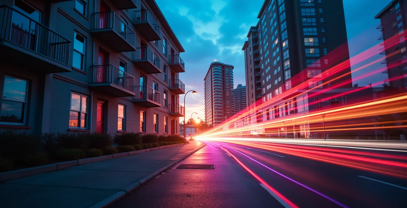 Urban residential building adjacent to festival grounds showing sound wave visualization