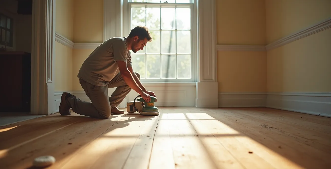 Professional using orbital sander on historic hardwood floor in heritage home showing gentle restoration technique