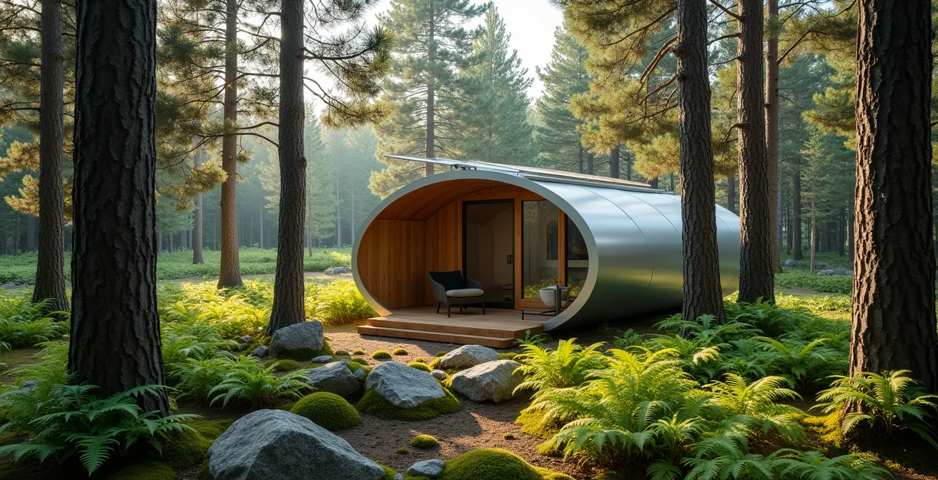 Sustainable eco-pod cabin integrated into Quebec forest setting