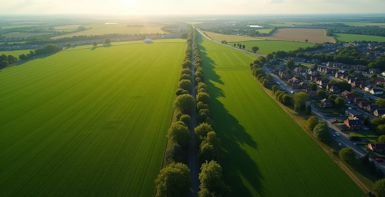 Aerial view showing the distinct boundary between protected agricultural land and residential development