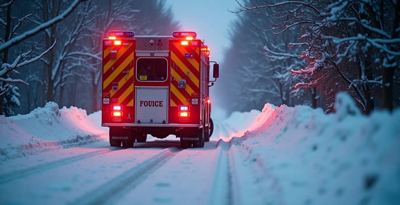 Fire truck navigating narrow snow-covered private cottage road in Canadian winter