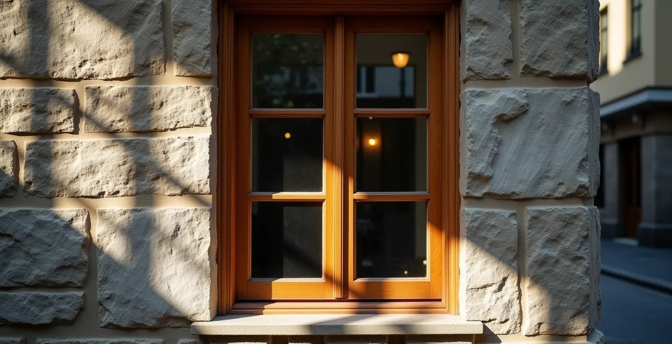 Traditional wood window with divided lites in Quebec heritage stone building facade