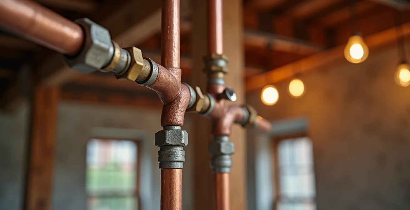 Construction worker installing modern sprinkler system in heritage building ceiling