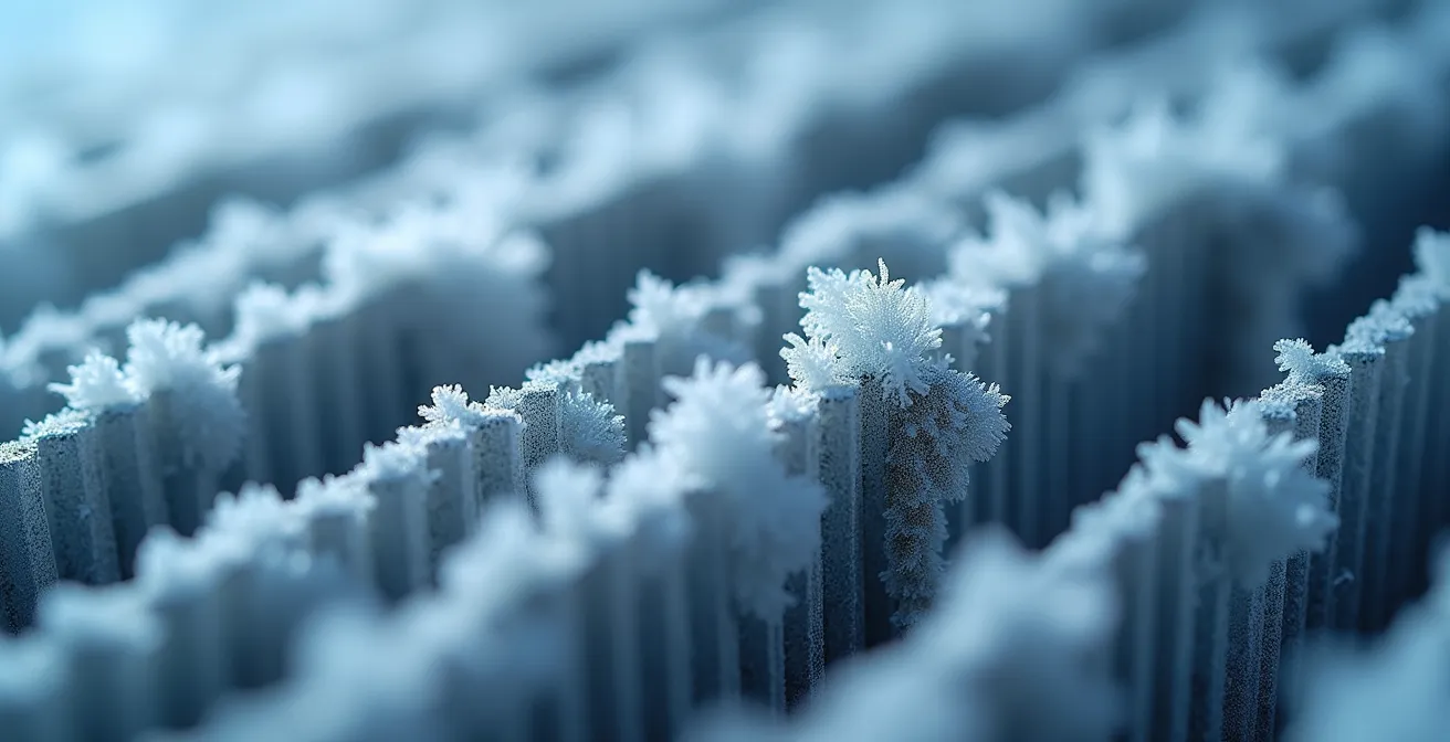 Extreme close-up of an HRV ventilation system's components with frost patterns