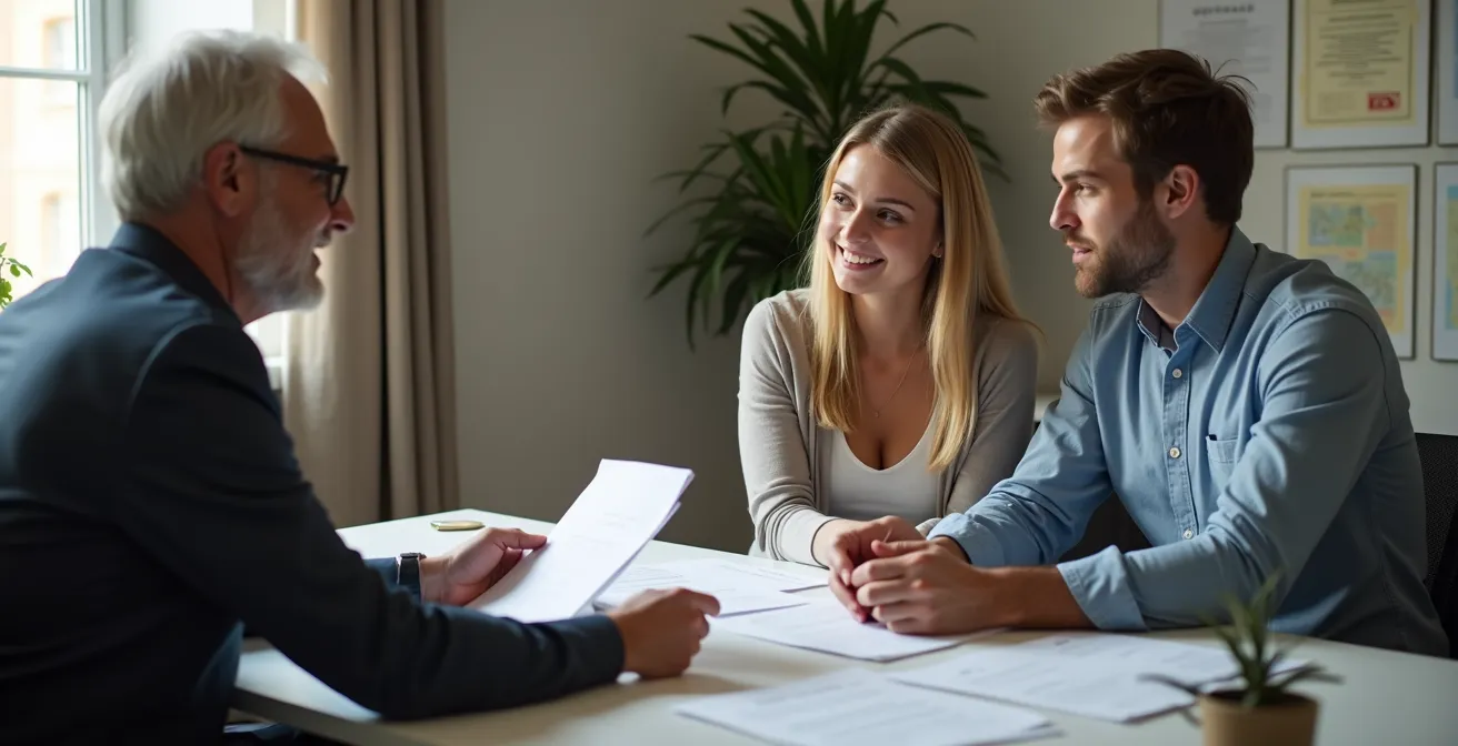 Real estate professional discussing documents with young couple in cozy office setting