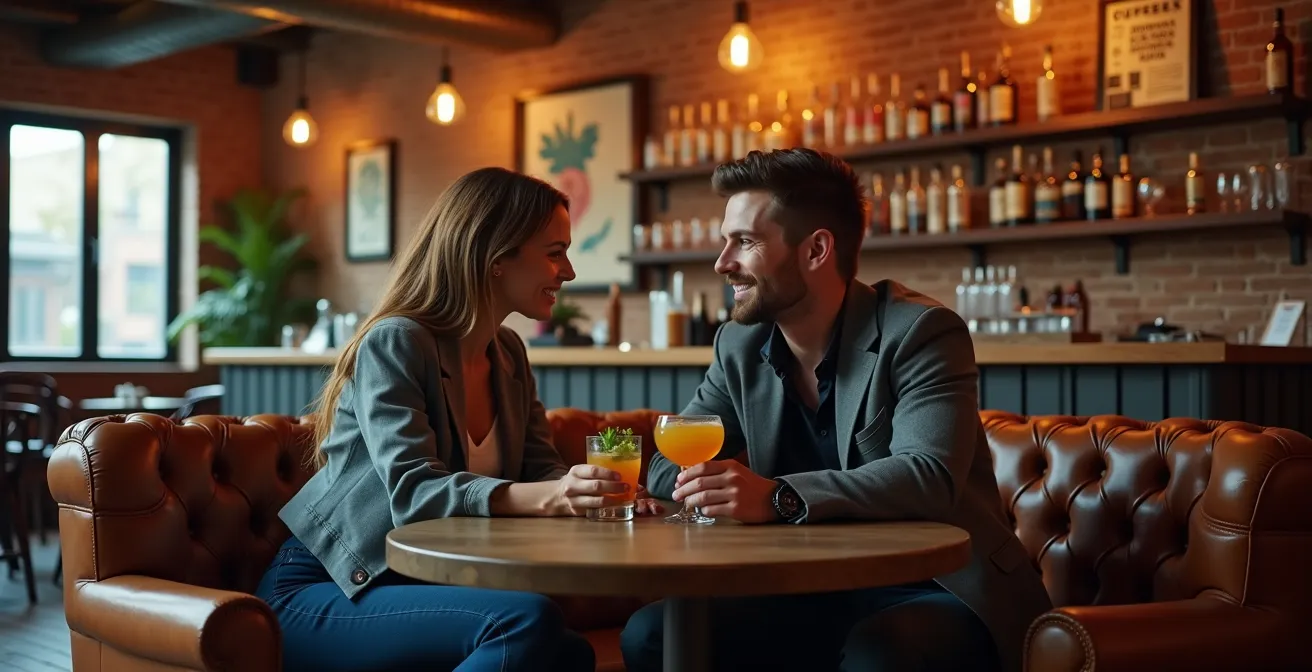 Industrial boutique hotel lobby featuring exposed brick walls and local Canadian artwork