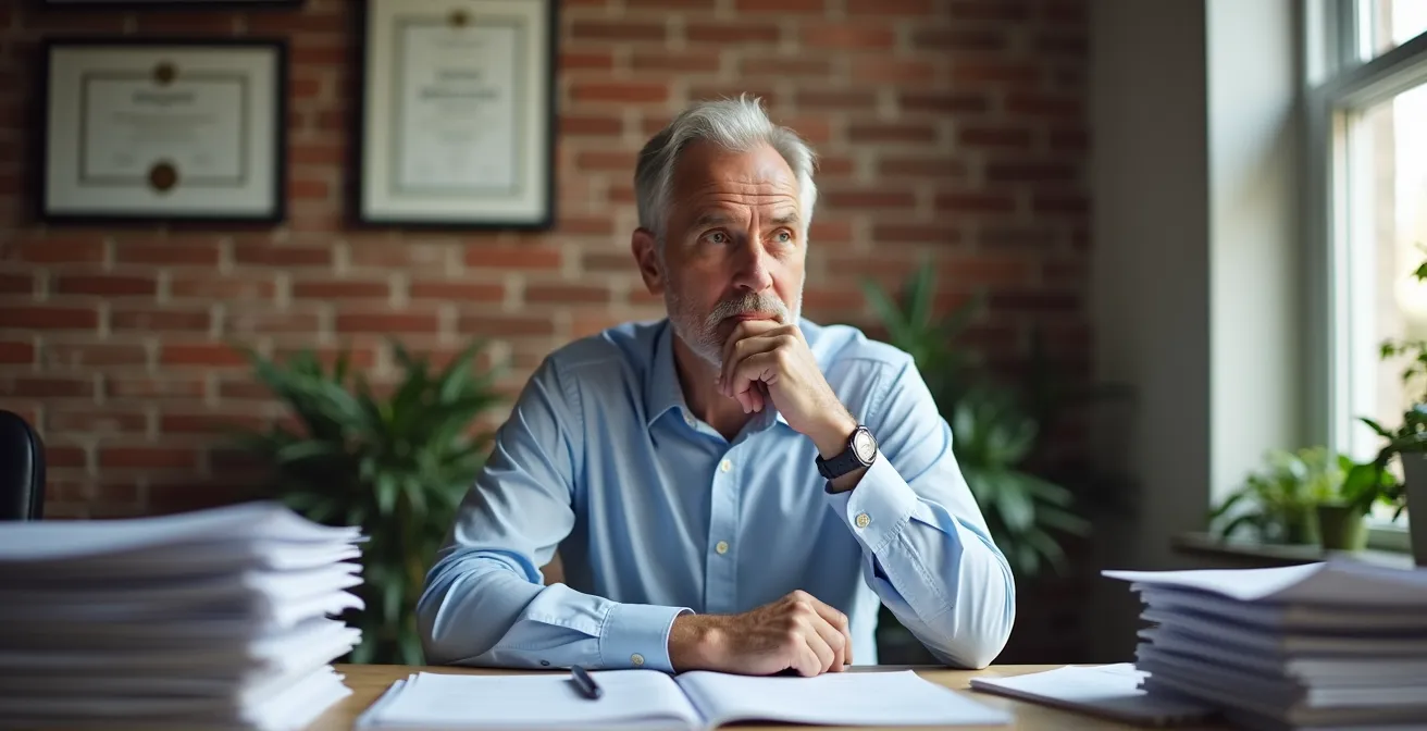 Professional property manager analyzing rental applications at an organized desk