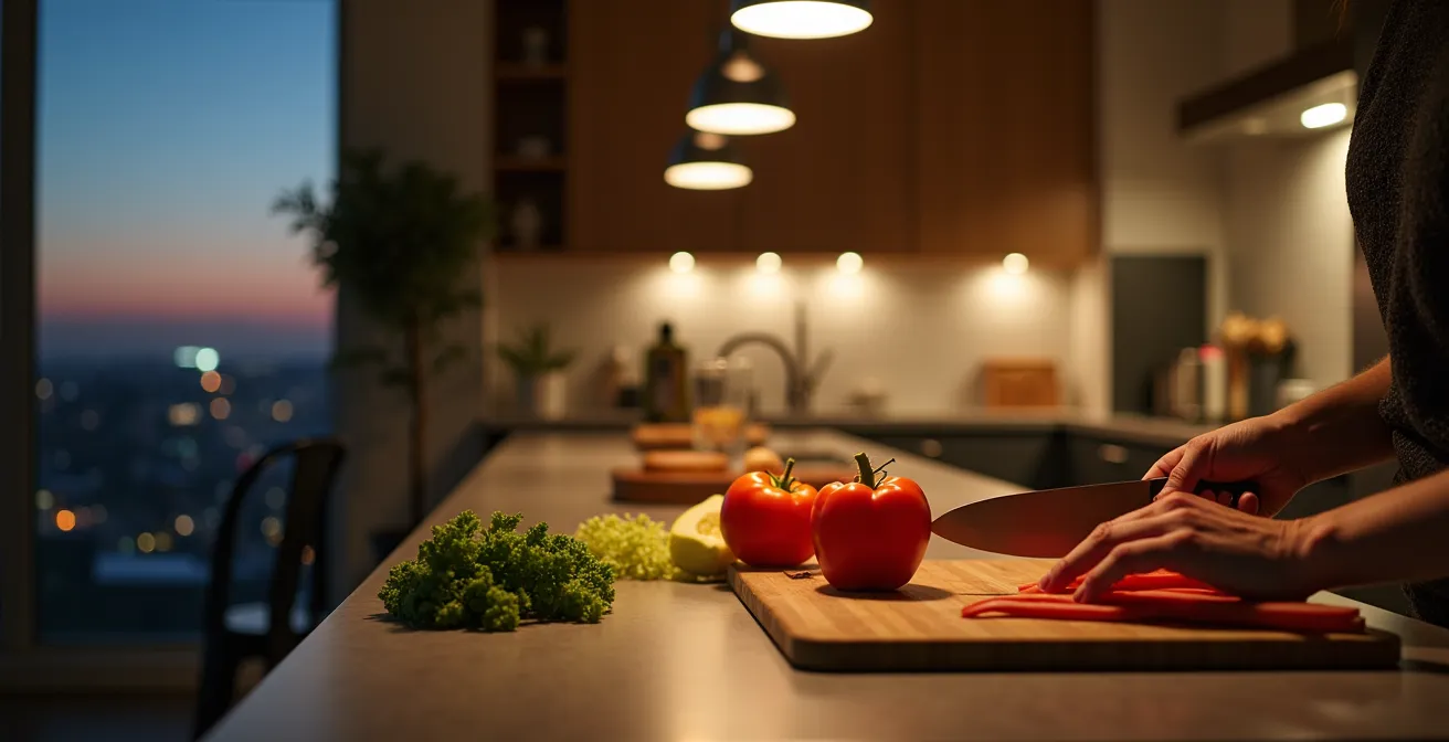 Warm evening ambiance in a modern condo kitchen showcasing multiple lighting layers