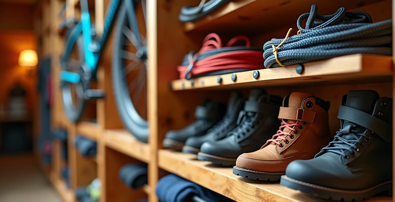 Interior of a luxury gear garage in a mountain cabin with organized outdoor equipment