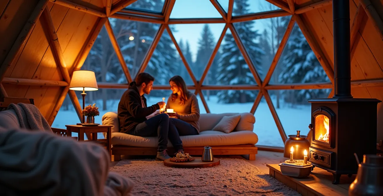Interior view of a luxury geodesic dome glamping accommodation in Quebec forest