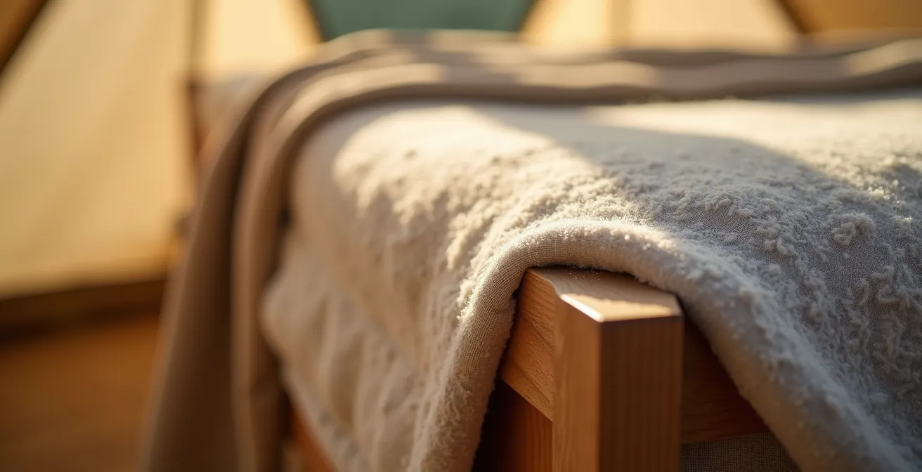 Extreme close-up detail of luxury glamping tent fabric and natural materials