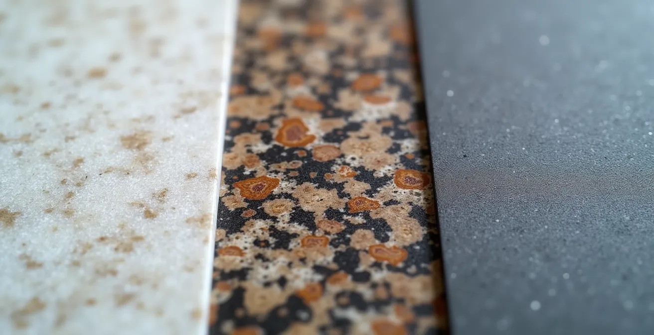 Extreme close-up comparison of quartz and granite countertop surfaces showing texture differences