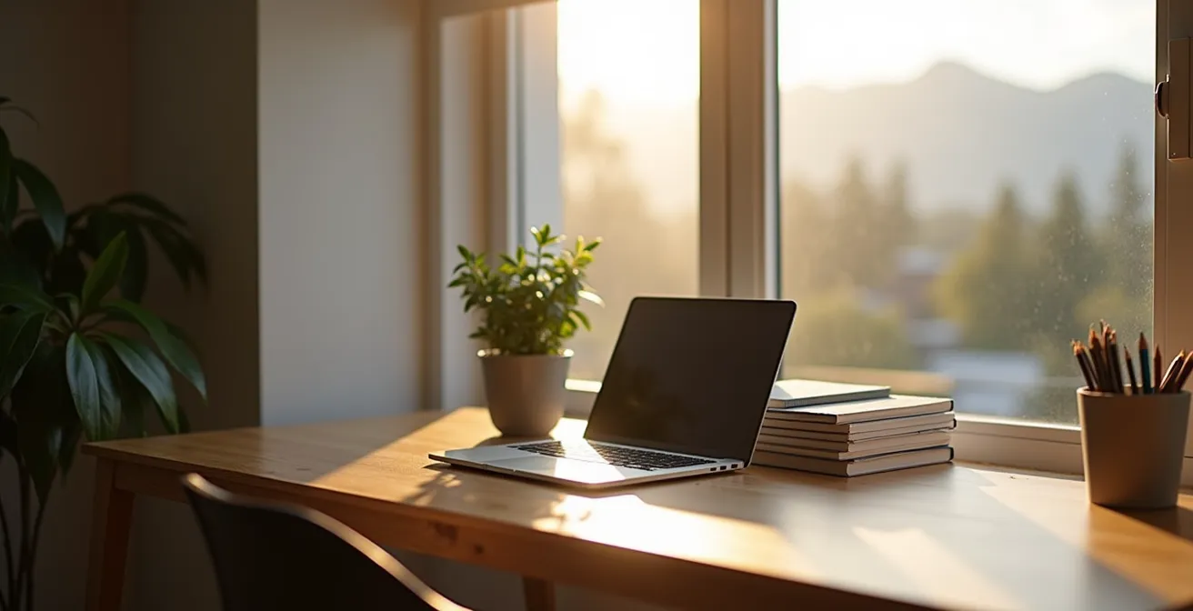 Professionally staged rental apartment showcasing a bright home office space with city views