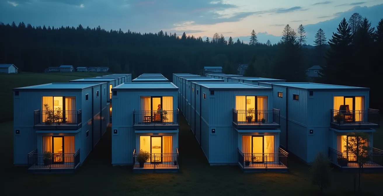 Modern modular housing units arranged for seasonal workers in a Canadian resource town
