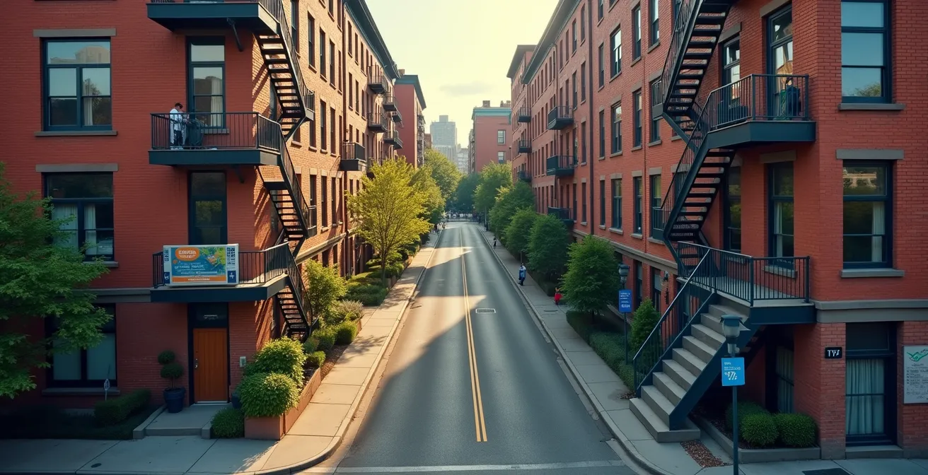 Aerial view of Montreal neighborhoods showing BIXI bike stations and affordable housing zones