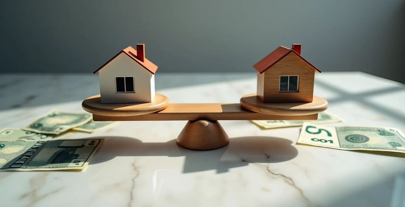 Split-view illustration showing rental income offsetting mortgage costs in Quebec duplex investment