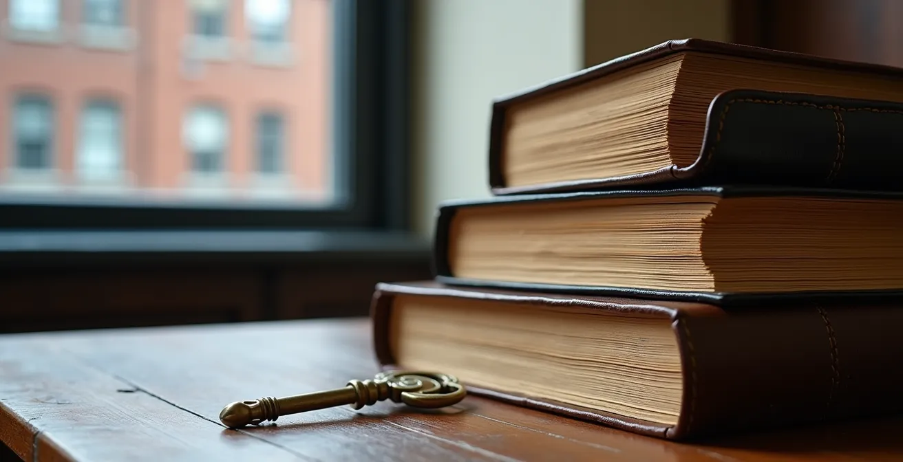 A stack of legal documents and binders on a wooden table, with a view of Old Montreal buildings through a window.