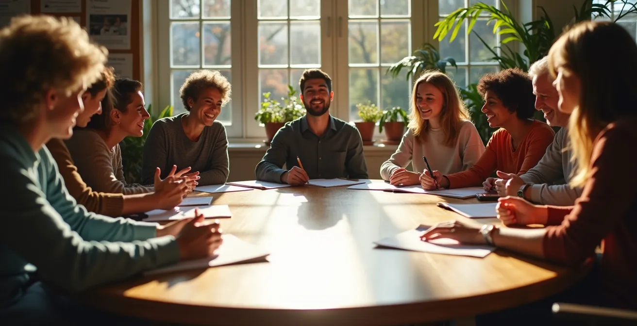Diverse residents gathered in cooperative housing common room during decision meeting