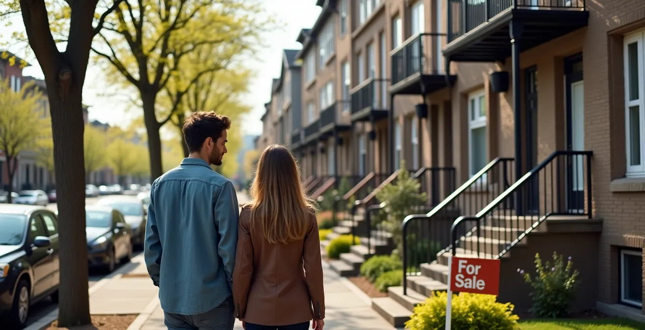 Montreal street scene during moving season with residential properties and moving activity