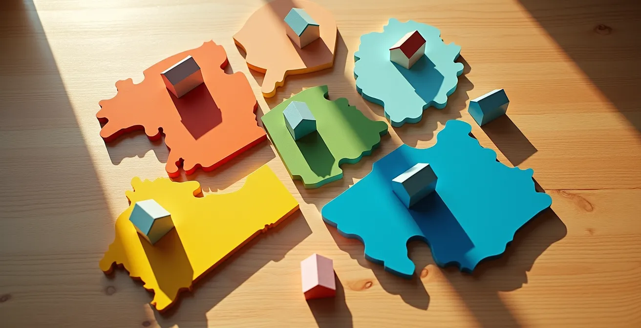 Abstract representation of Montreal neighborhood zones with colored districts