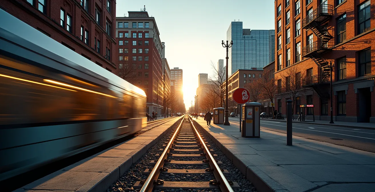 Montreal cityscape showing new REM station with surrounding condo developments and Mount Royal in background
