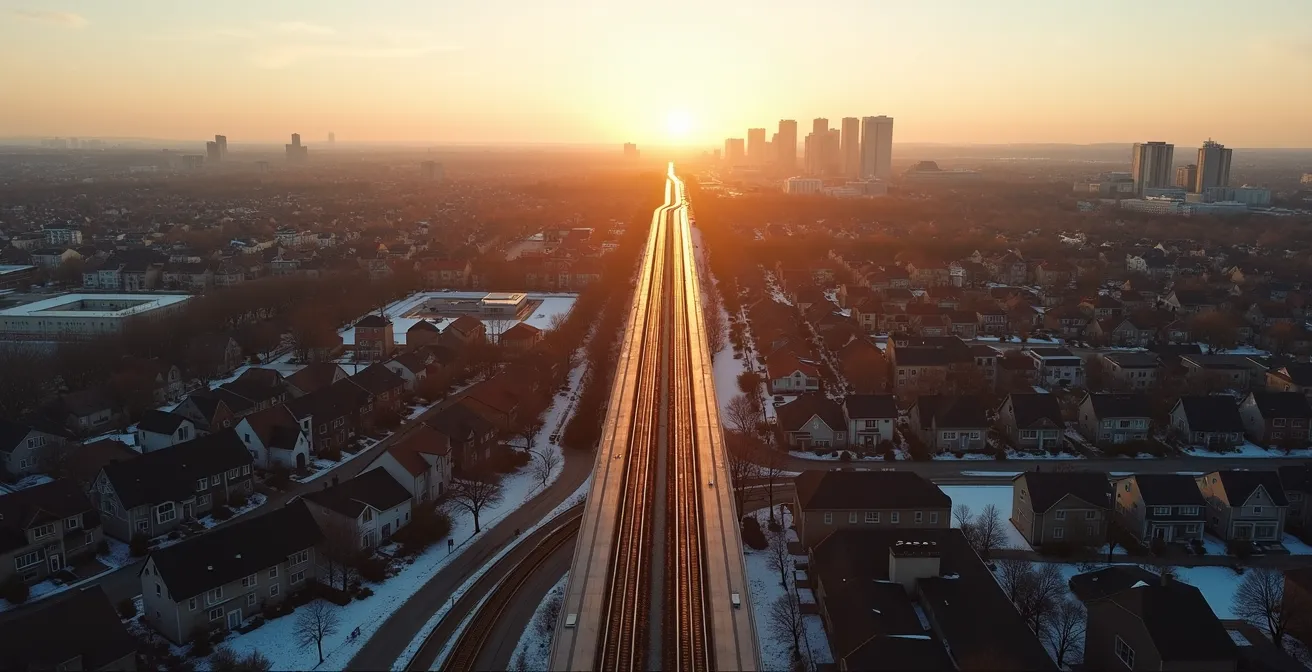Aerial view of Montreal suburban development along REM transit line