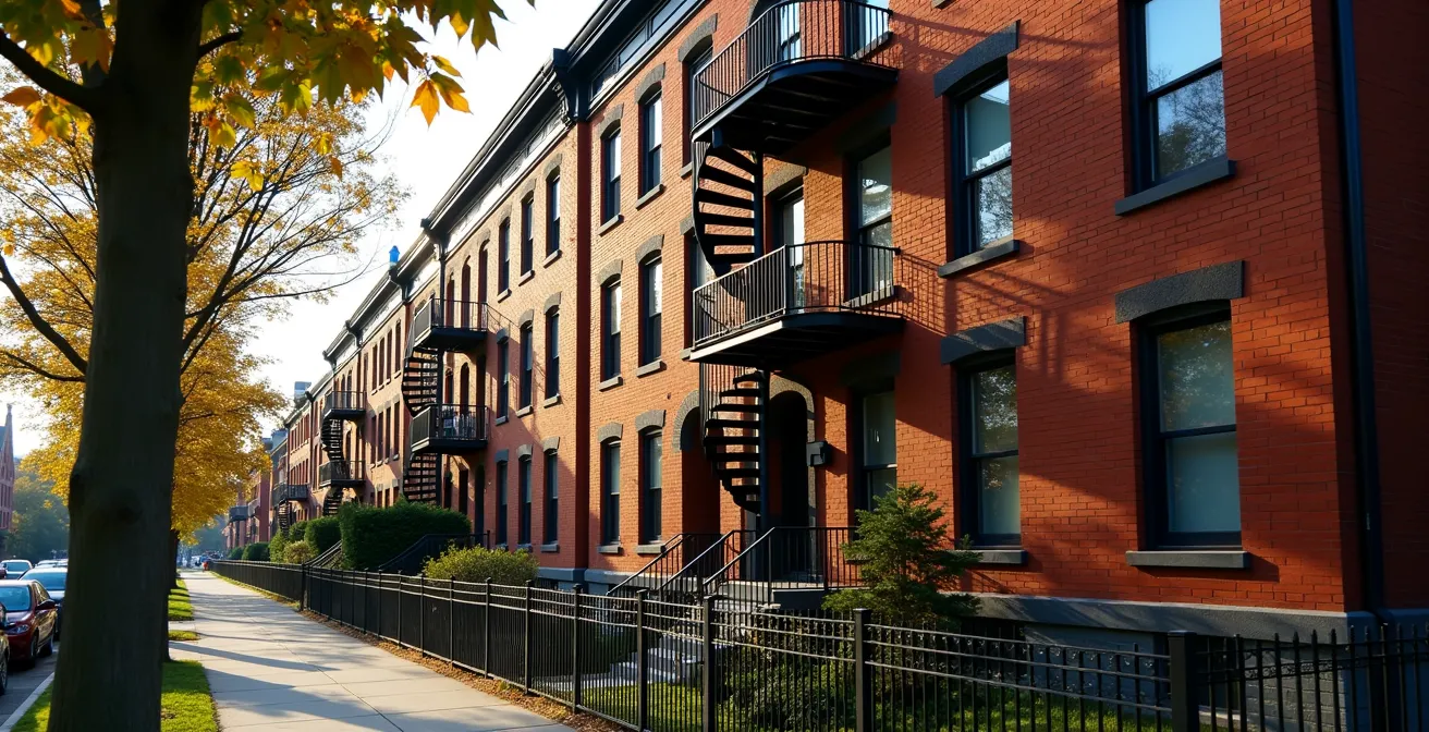 Traditional Montreal plex building with characteristic external staircases and brick facade representing mid-density investment