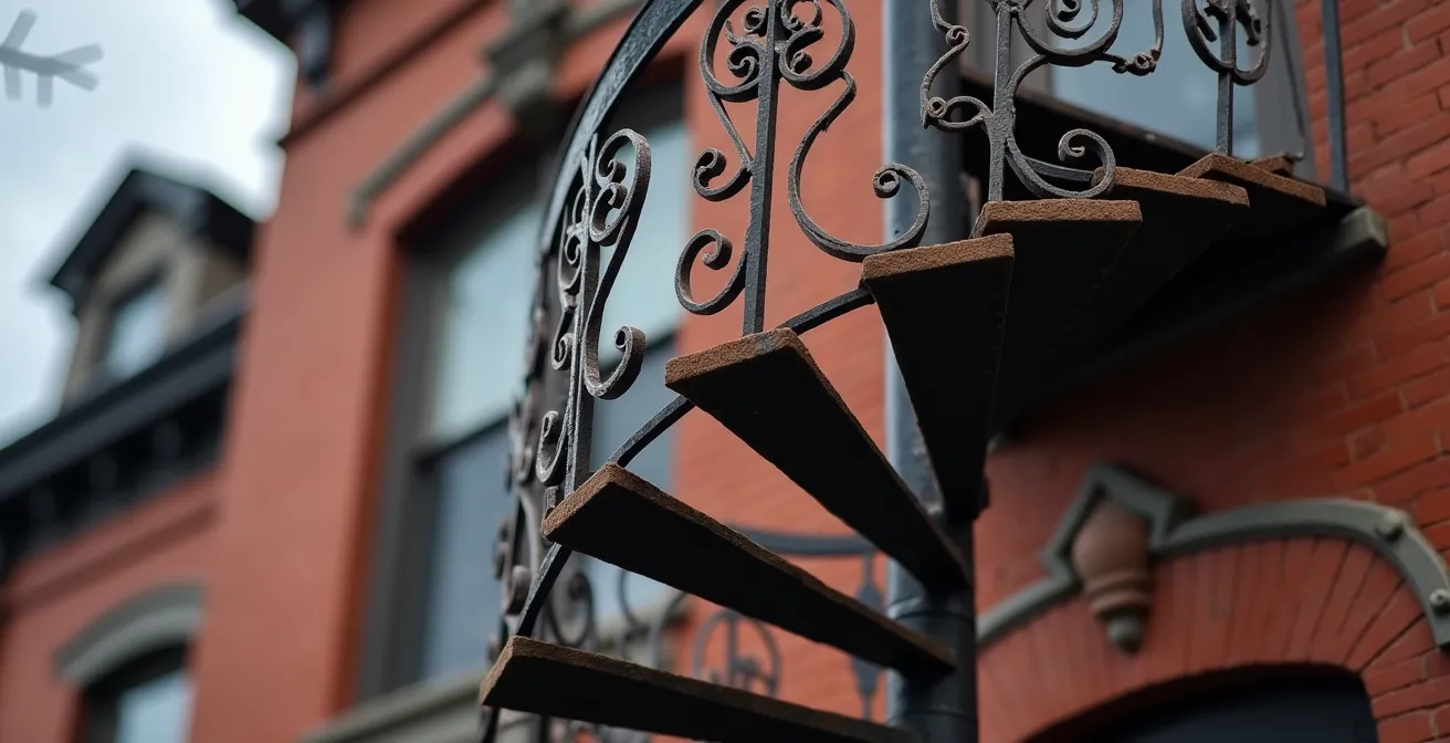 Classic Montreal triplex building with distinctive exterior staircases and wrought iron details
