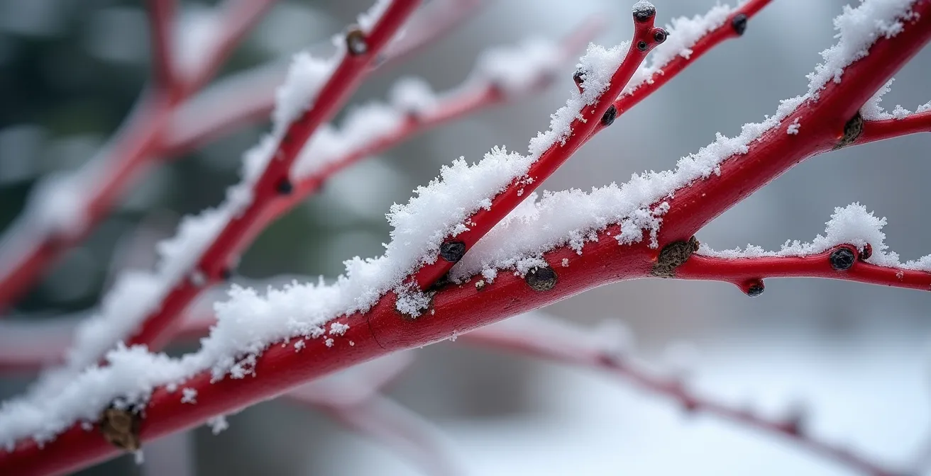 Close-up of Red Osier Dogwood's vibrant red stems contrasting against fresh Quebec snow