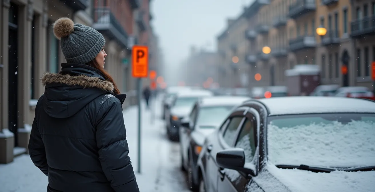 A person looking frustrated at an orange no-parking sign on a snowy Old Montreal street.