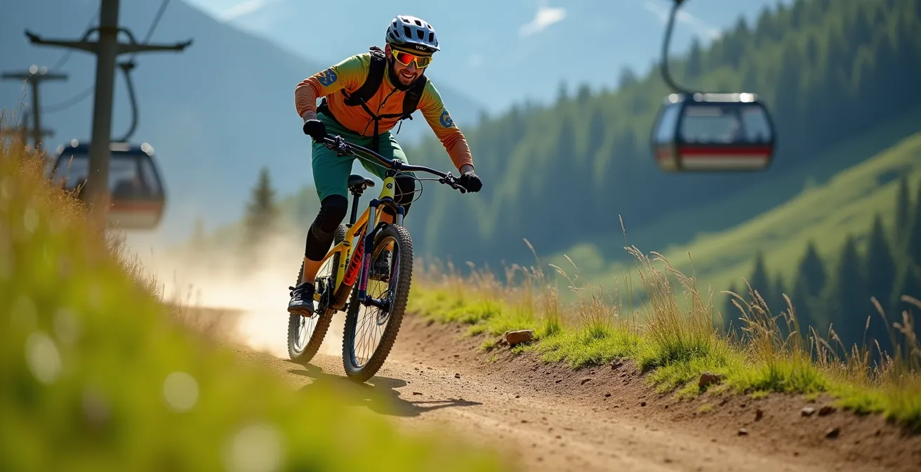 Mountain bike park infrastructure with gondola and trails in summer setting