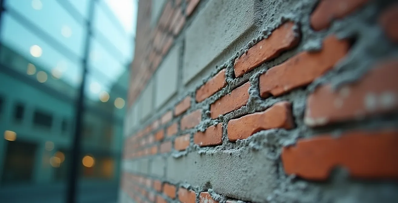 Macro shot of architectural details showing the contrast between modern museum glass facades and traditional residential brick textures