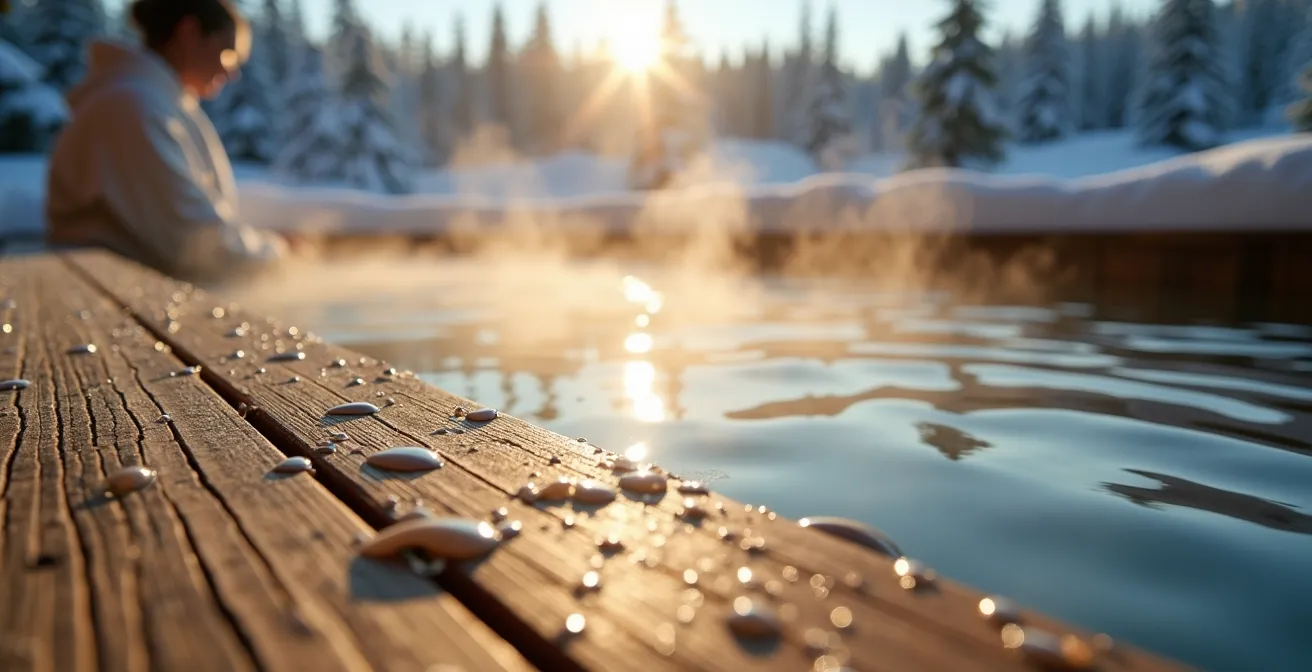 Outdoor Nordic spa installation with hot tub and sauna in Quebec winter landscape