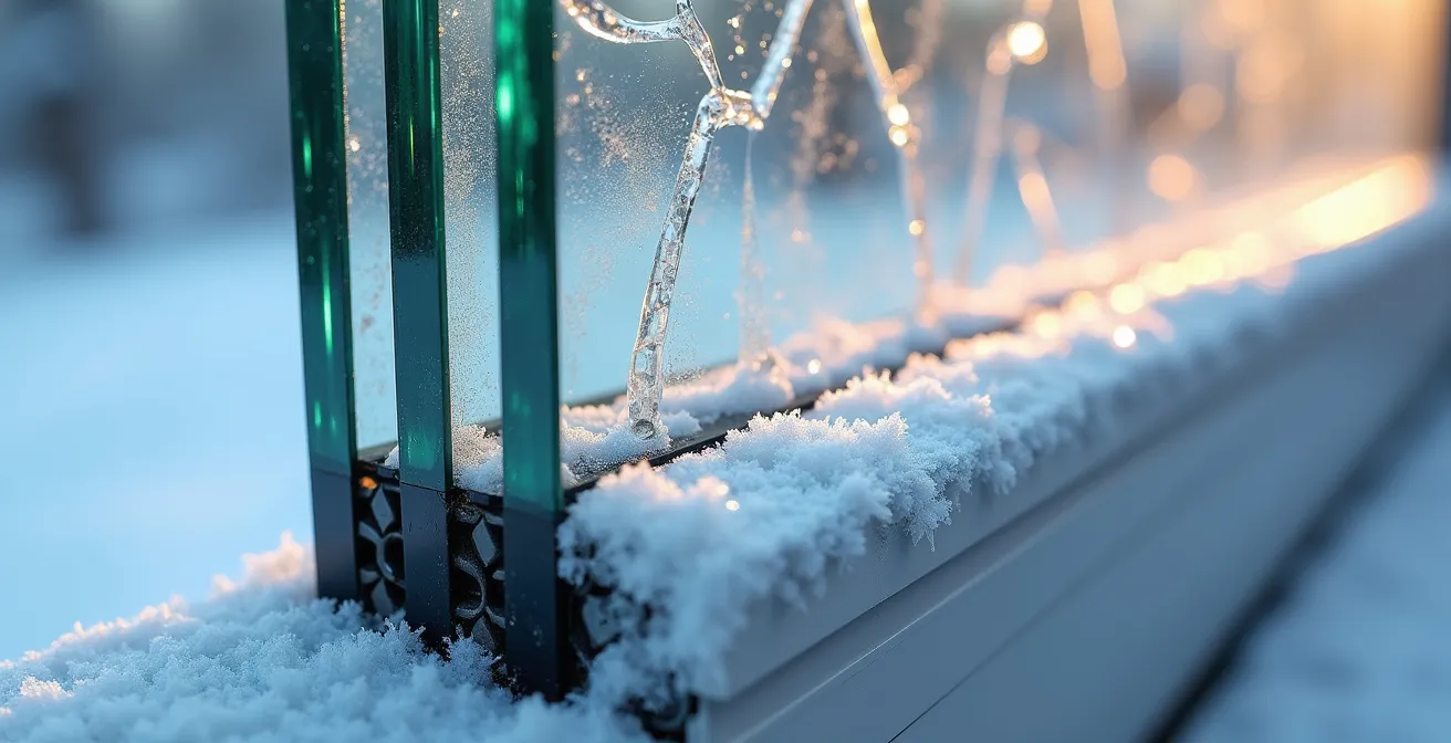Extreme close-up of triple-pane window installation with frost patterns and insulation visible