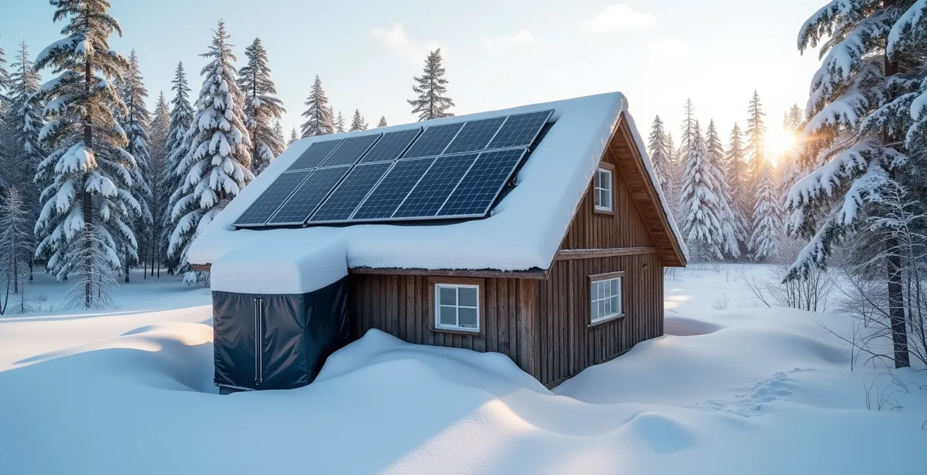 Solar panel system on a snow-covered tiny cabin roof with a battery bank visible