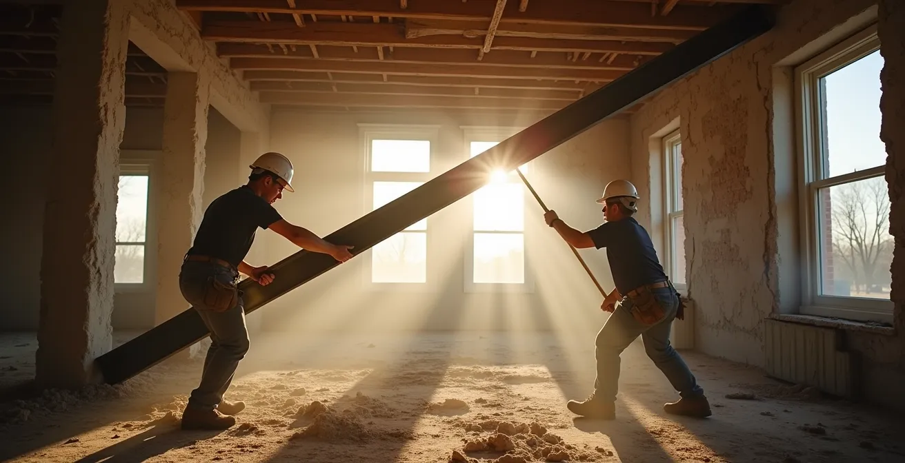 Interior view of a Quebec plex during a structural renovation, with workers installing a large steel I-beam where a wall was removed.