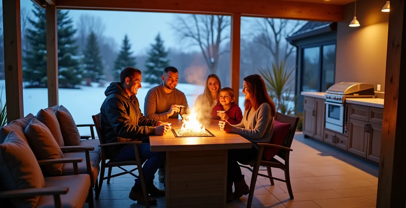 Modern Quebec backyard with covered patio and winter-ready outdoor features