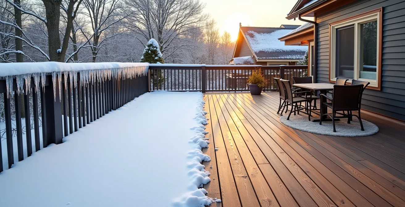 Split-view of composite deck showing winter snow coverage and summer usage in Quebec backyard
