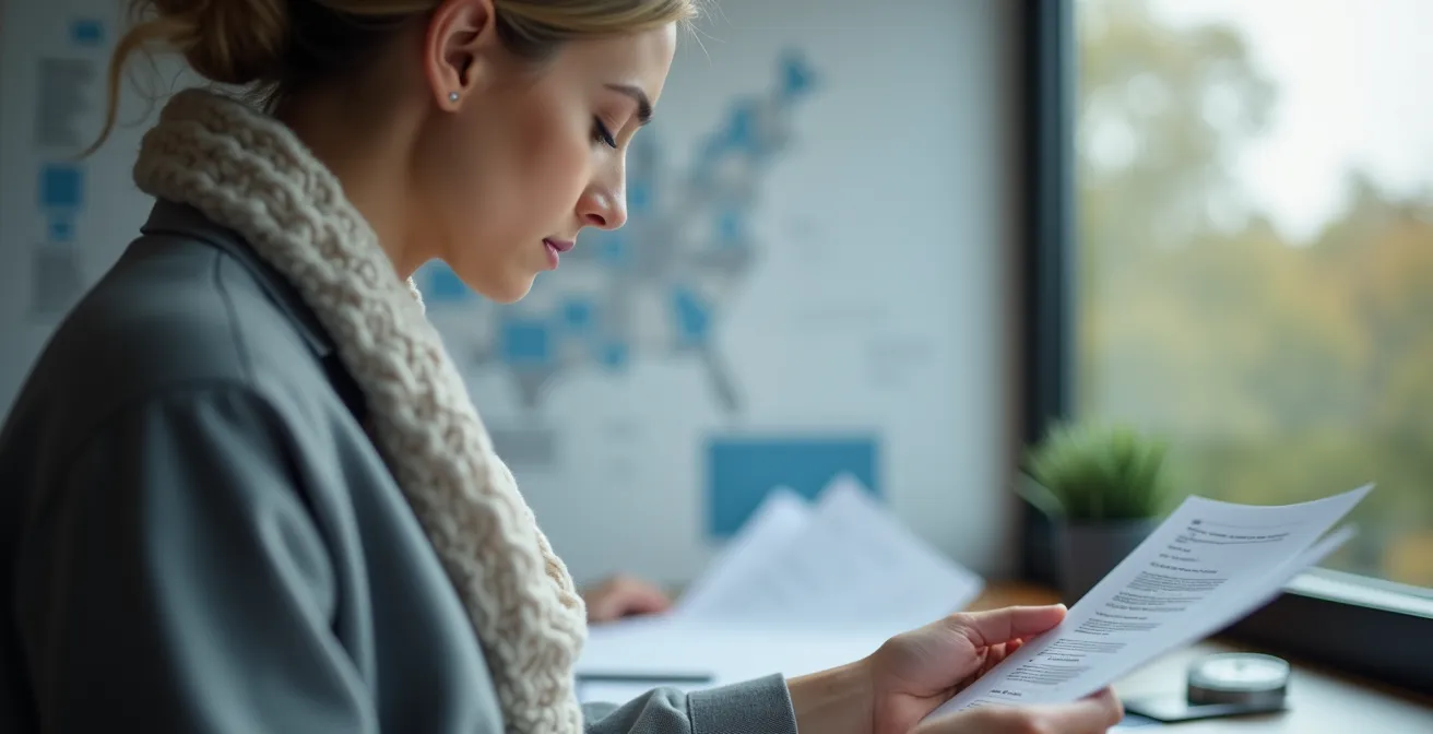 Professional reviewing co-ownership documents and financial statements for Quebec property due diligence