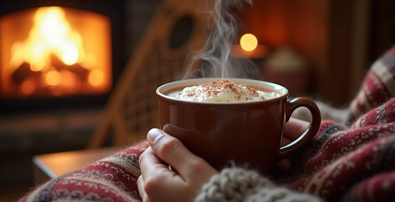 Cozy Quebec cabin interior with a person holding a hot drink, evoking a local experience.