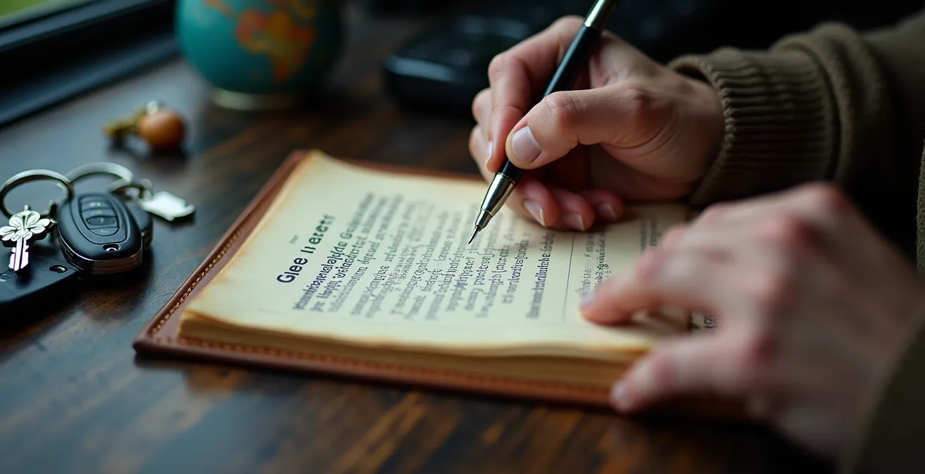 Close-up of hands writing in a vehicle logbook with car keys and Quebec map