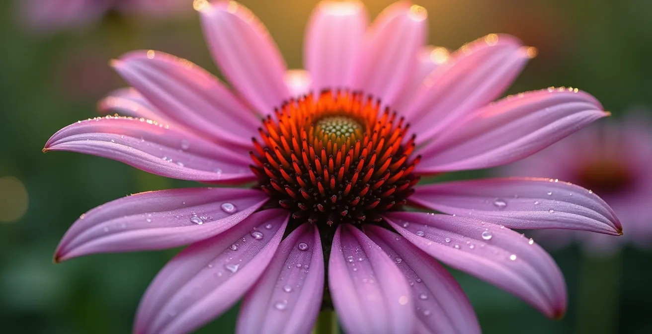 Extreme close-up of purple coneflower with native Quebec garden plants