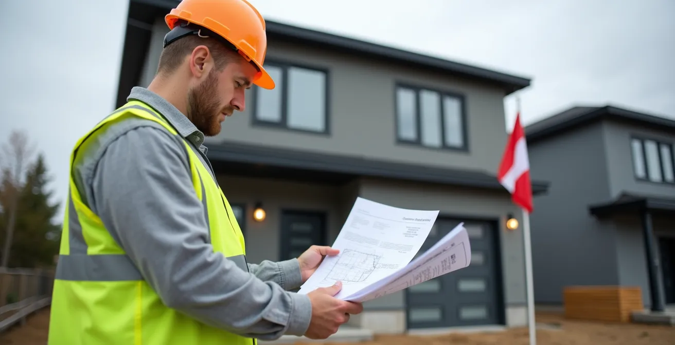 Modern duplex under construction in Quebec suburban setting with construction materials
